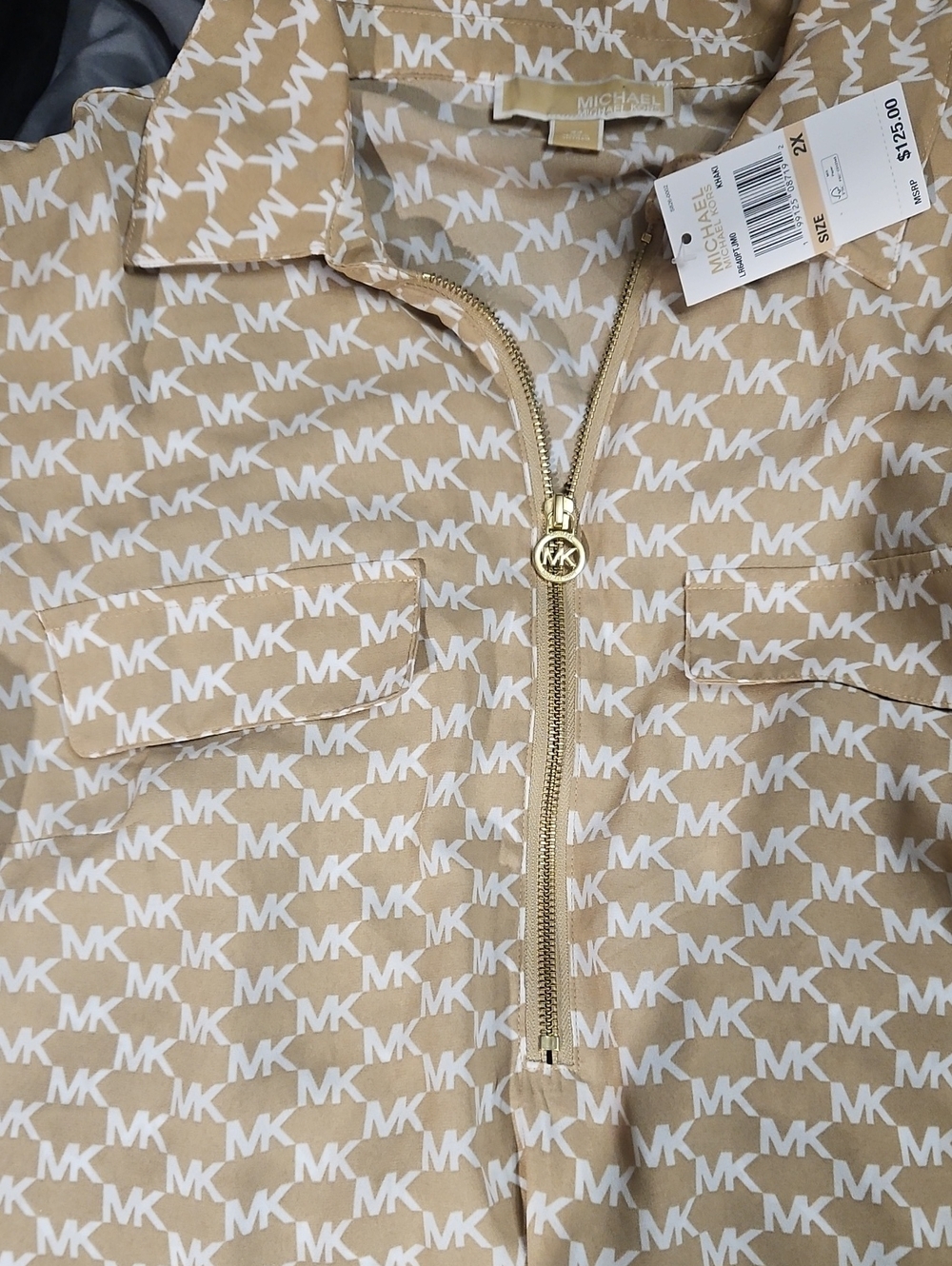 Michael Kors Tan/Khaki and White Logo Half-Zip Shirt - Picture 4 of 7
